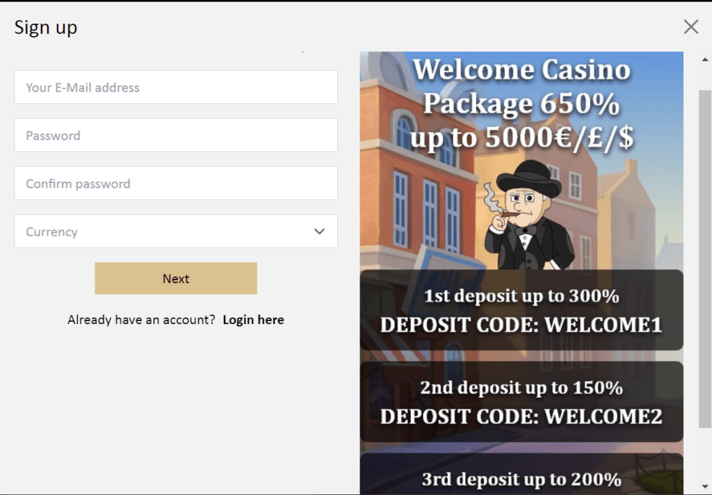 Harry's casino sign up page